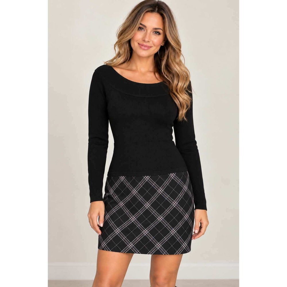 White House Black Market Dress Womens 0 Black Plaid Ribbed Knit Mixed Media